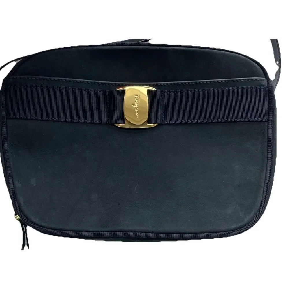 SALVATORE FERRAGAMO Vara Shoulder Crossbody Bag Suede Leather Black